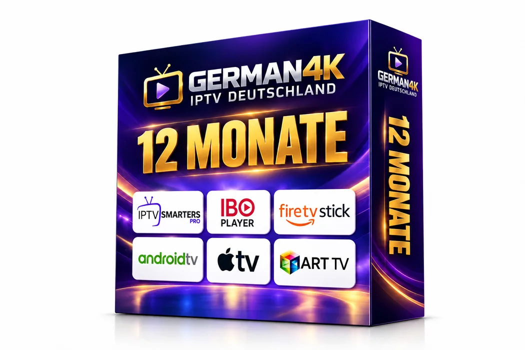 German4K IPTV 12 Monate Produktbox mit TV und Smartphone